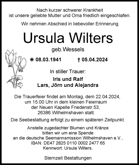 Traueranzeige von Ursula Wilters von WZ/JW/AH
