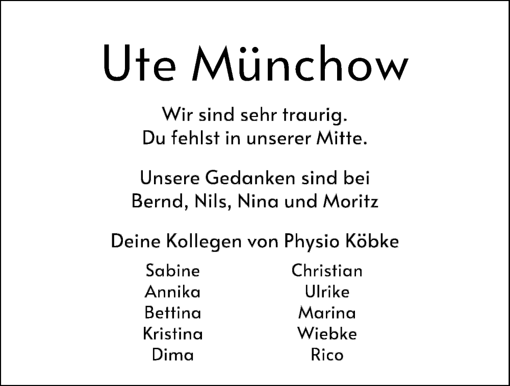  Traueranzeige für Ute Münchow vom 23.03.2024 aus WZ/JW/AH