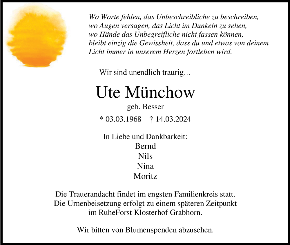  Traueranzeige für Ute Münchow vom 23.03.2024 aus WZ/JW/AH