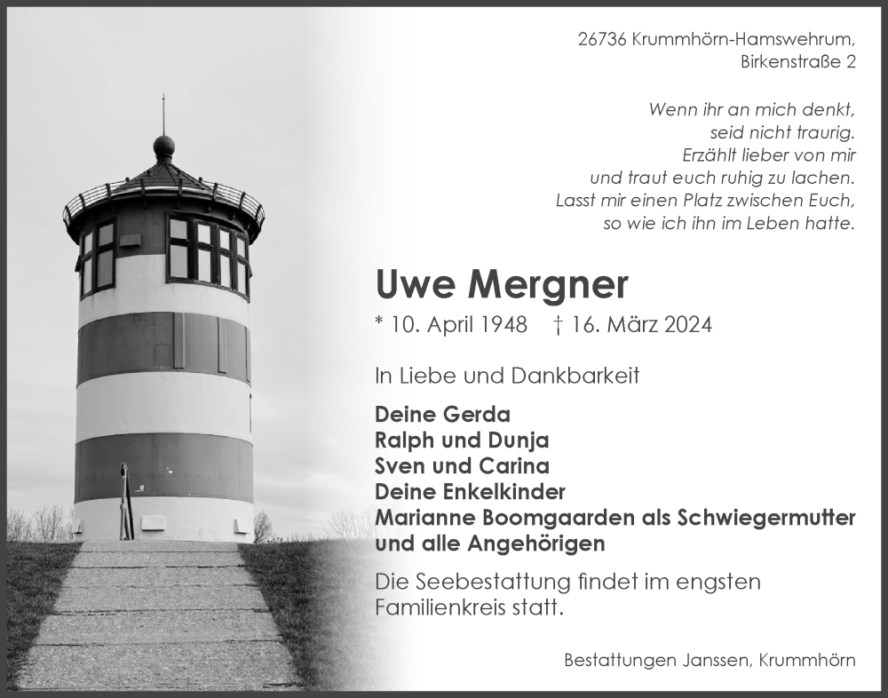  Traueranzeige für Uwe Mergner vom 23.03.2024 aus Emder Zeitung