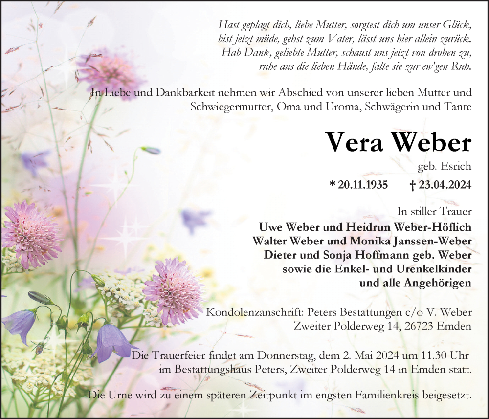  Traueranzeige für Vera Weber vom 27.04.2024 aus Emder Zeitung