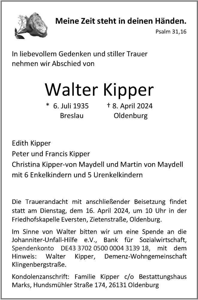  Traueranzeige für Walter Kipper vom 12.04.2024 aus Nordwest-Zeitung