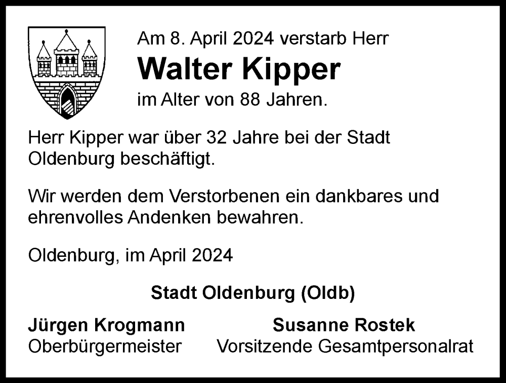  Traueranzeige für Walter Kipper vom 20.04.2024 aus Nordwest-Zeitung