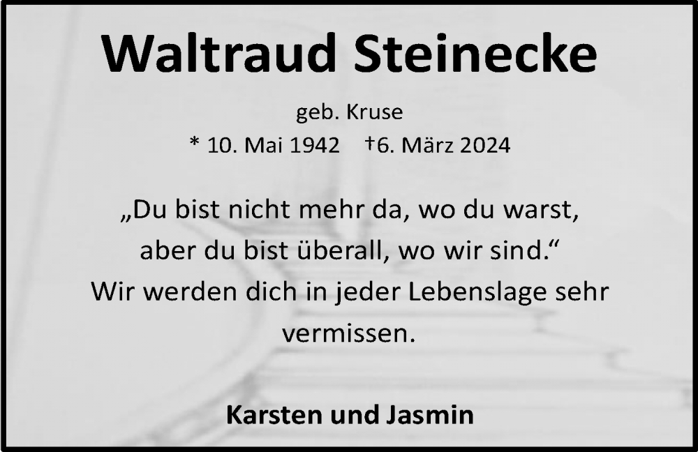 Traueranzeige für Waltraud Steinecke vom 05.04.2024 aus Nordwest-Zeitung