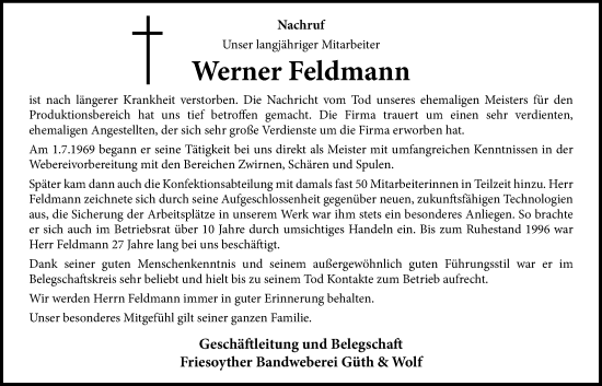 Traueranzeige von Werner Feldmann von Nordwest-Zeitung