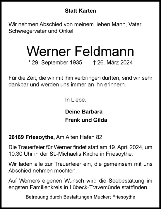 Traueranzeige von Werner Feldmann von Nordwest-Zeitung