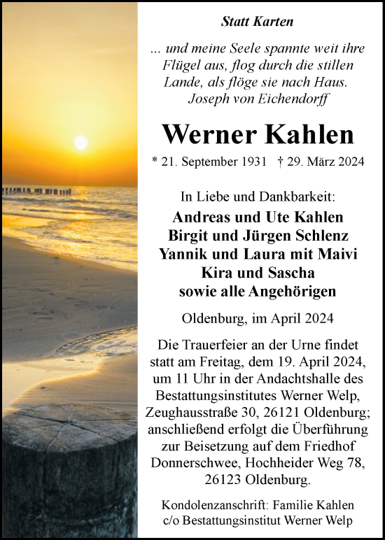 Traueranzeige von Werner Kahlen von Nordwest-Zeitung