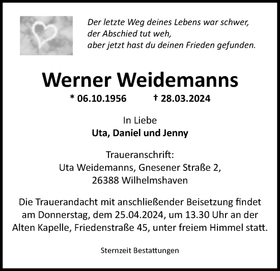 Traueranzeige von Werner Weidemanns von WZ/JW/AH