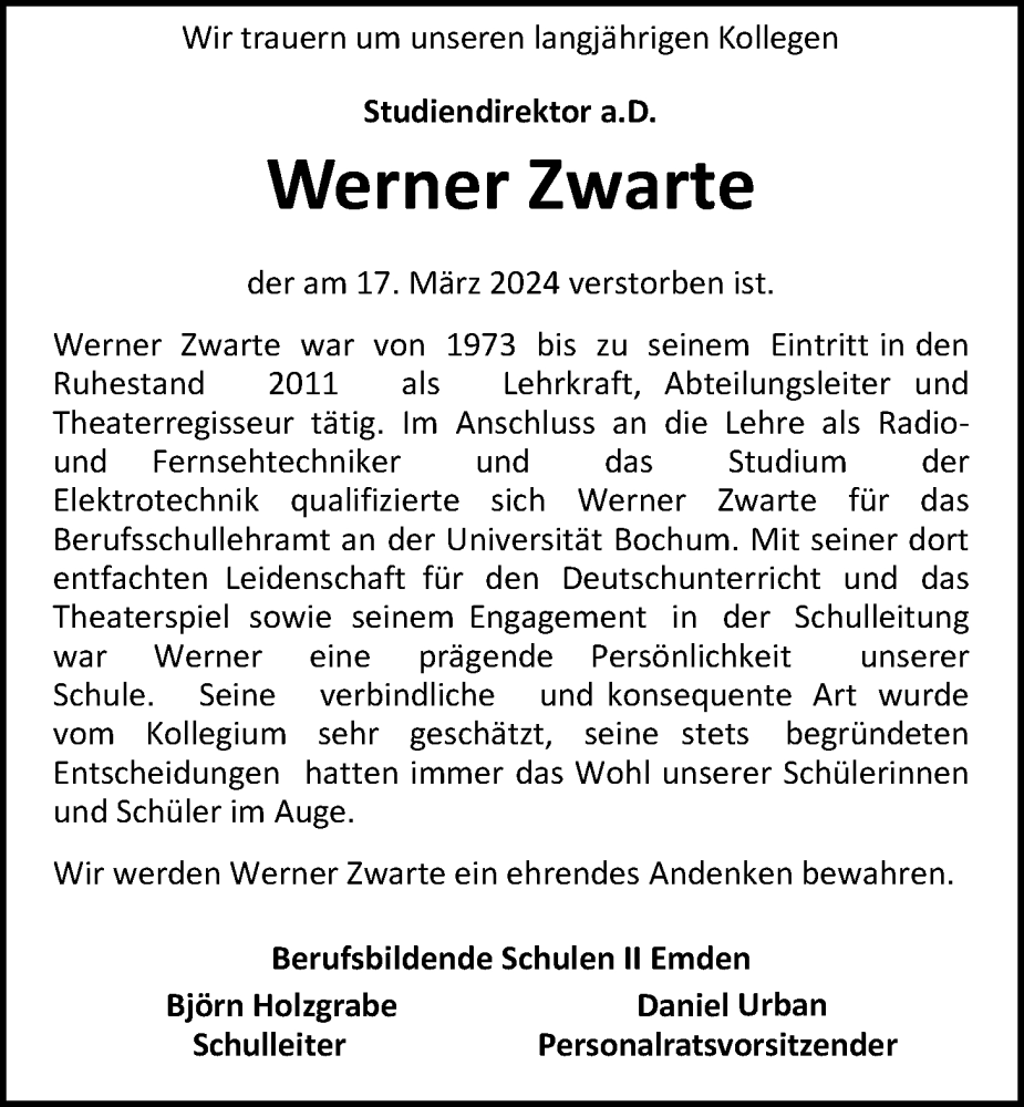  Traueranzeige für Werner Zwarte vom 23.03.2024 aus Emder Zeitung