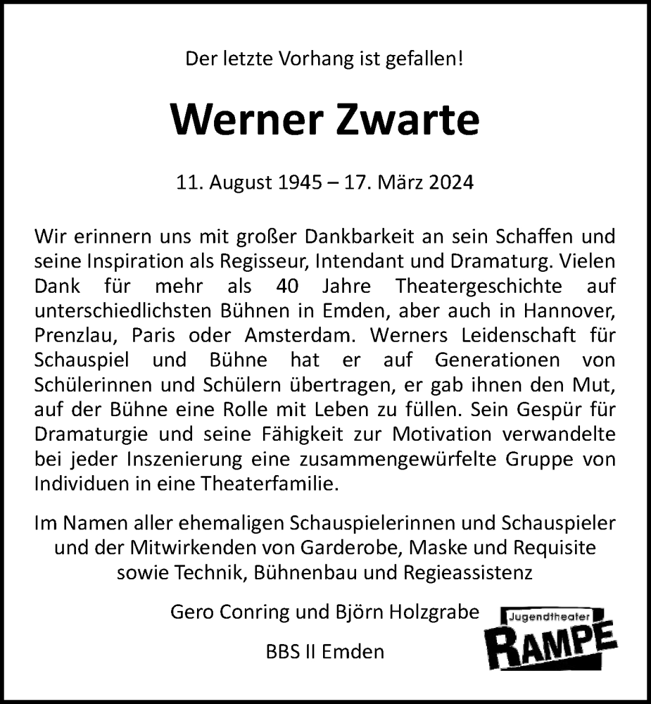  Traueranzeige für Werner Zwarte vom 23.03.2024 aus Emder Zeitung