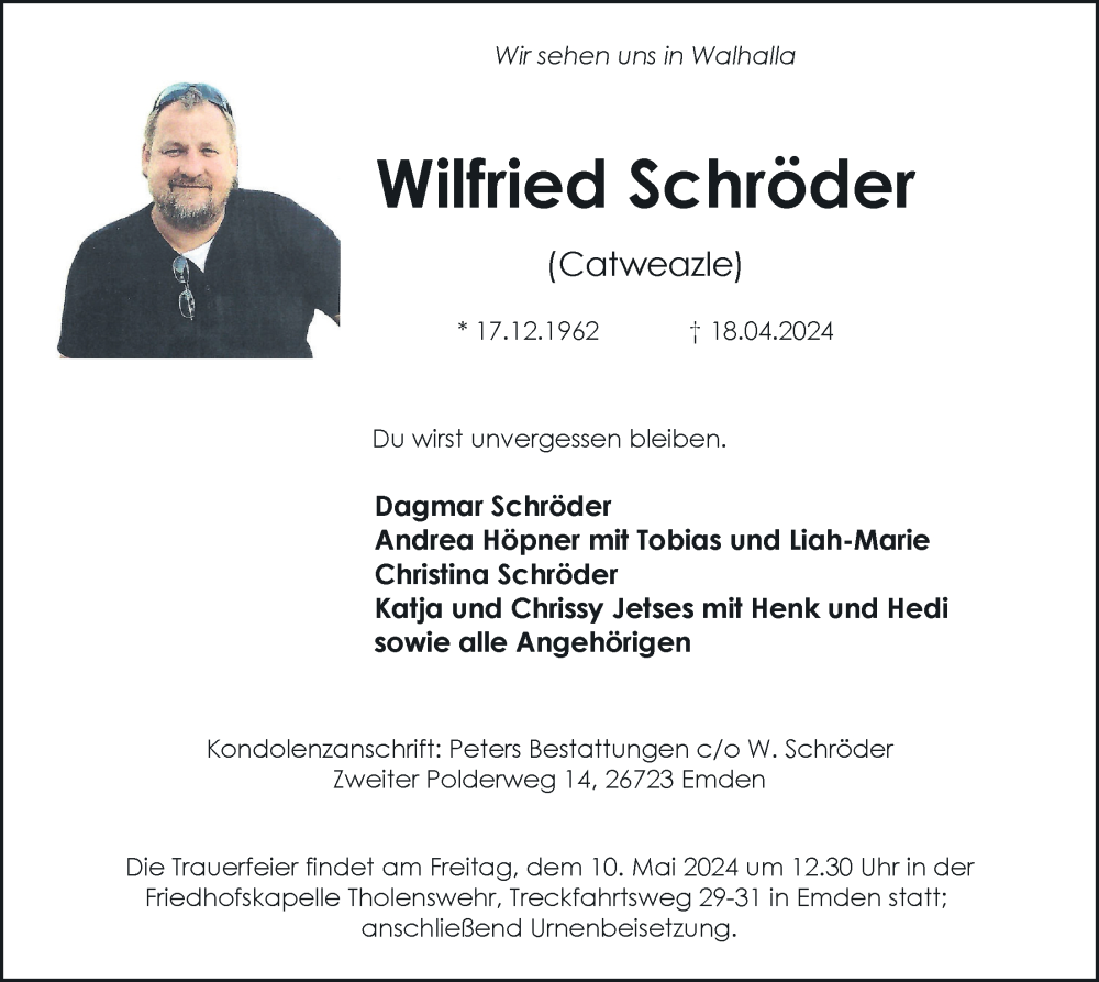  Traueranzeige für Wilfried Schröder vom 27.04.2024 aus Emder Zeitung