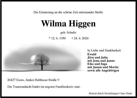 Traueranzeige von Wilma Higgen von WZ/JW/AH