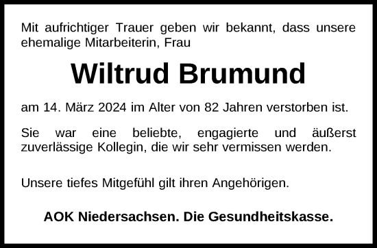 Traueranzeige von Wiltrud Brumund von Nordwest-Zeitung