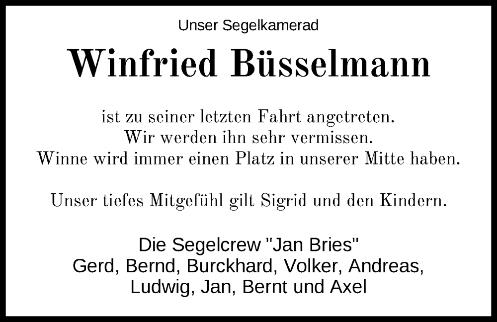  Traueranzeige für Winfried Büsselmann vom 20.04.2024 aus Nordwest-Zeitung