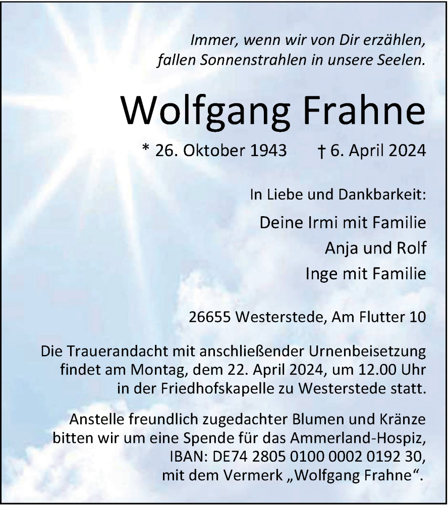  Traueranzeige für Wolfgang Frahne vom 12.04.2024 aus Nordwest-Zeitung