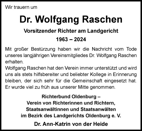 Traueranzeige von Wolfgang Raschen von Nordwest-Zeitung