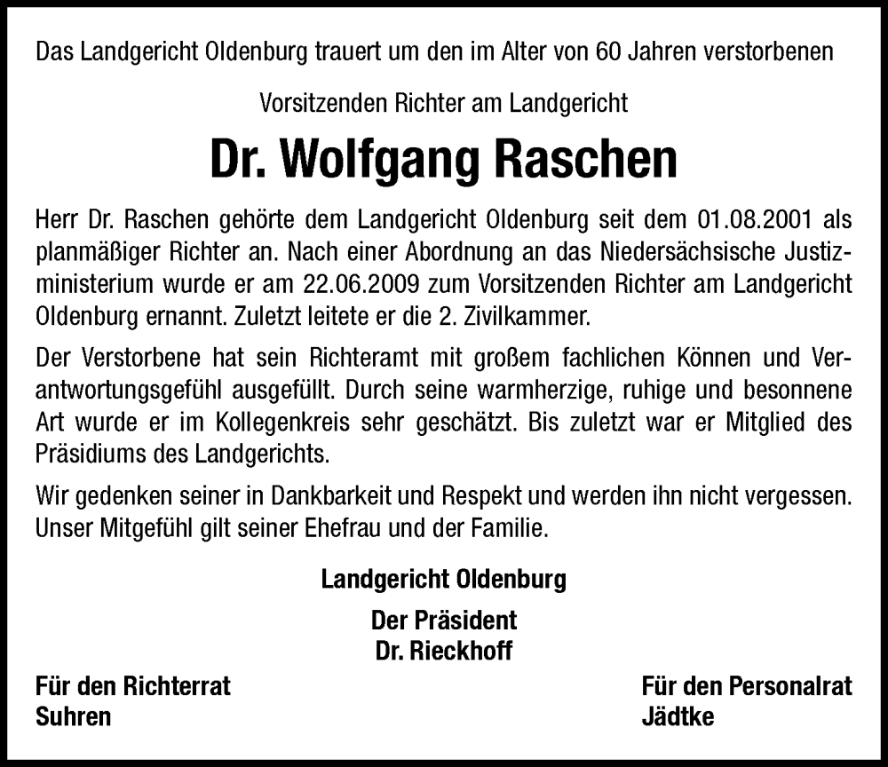  Traueranzeige für Wolfgang Raschen vom 06.04.2024 aus Nordwest-Zeitung