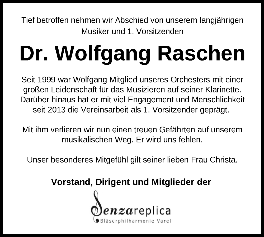  Traueranzeige für Wolfgang Raschen vom 06.04.2024 aus Nordwest-Zeitung