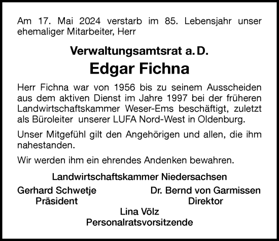 Traueranzeige von Edgar Fichna von Nordwest-Zeitung