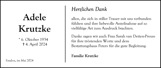 Traueranzeige von Adele Krutzke von Emder Zeitung