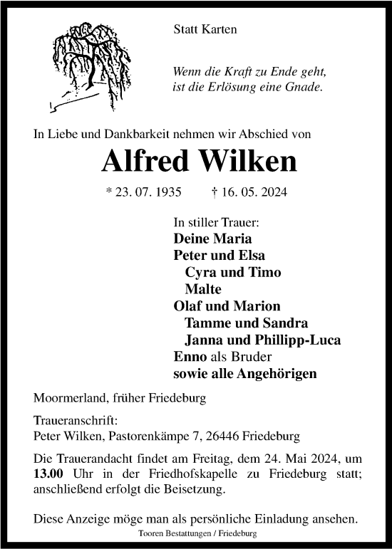 Traueranzeige von Alfred Wilken von WZ/JW/AH