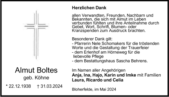 Traueranzeige von Almut Boltes von Nordwest-Zeitung