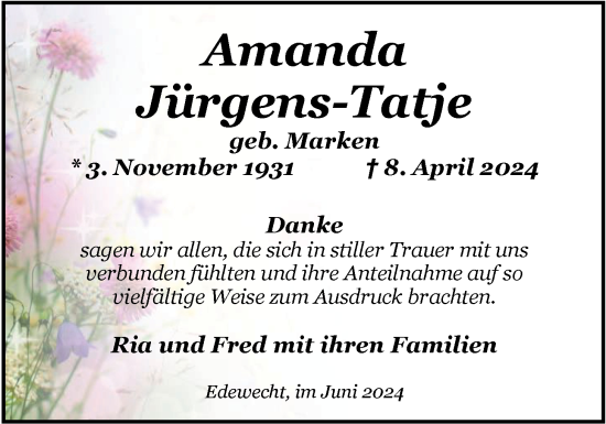 Traueranzeige von Amanda Jürgens-Tatje von Nordwest-Zeitung