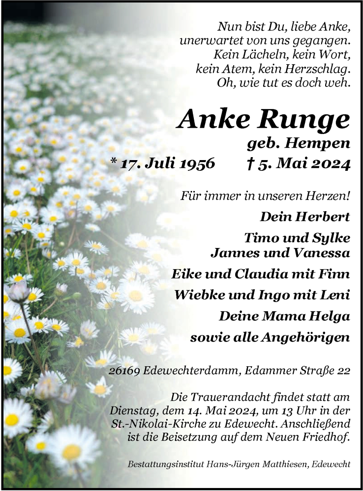  Traueranzeige für Anke Runge vom 10.05.2024 aus Nordwest-Zeitung