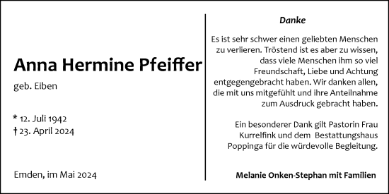 Traueranzeige von Anna Hermine Pfeiffer von Emder Zeitung