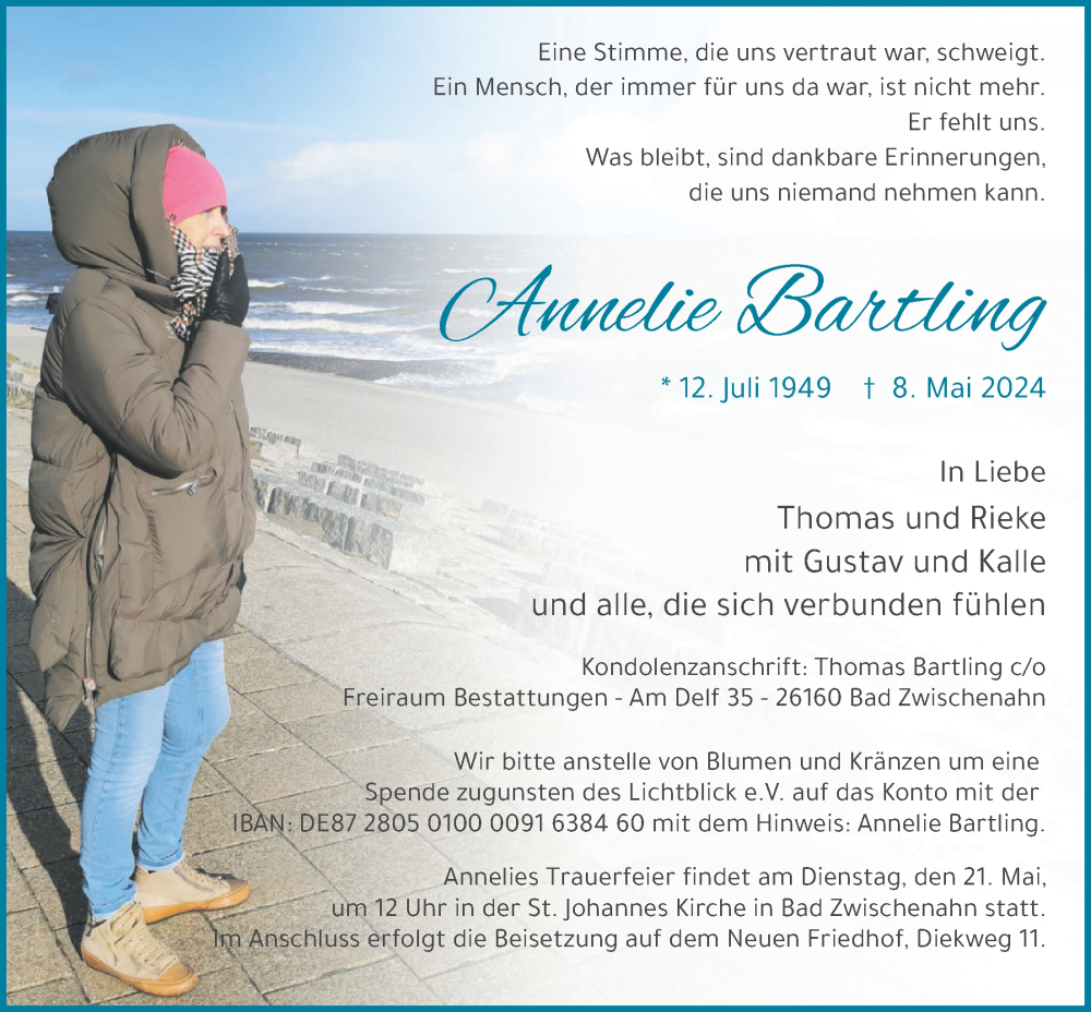  Traueranzeige für Annelie Bartling vom 15.05.2024 aus Nordwest-Zeitung