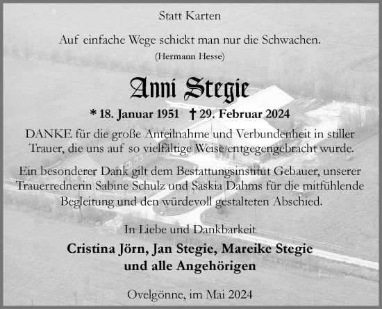Traueranzeige von Anni Stegie von Nordwest-Zeitung