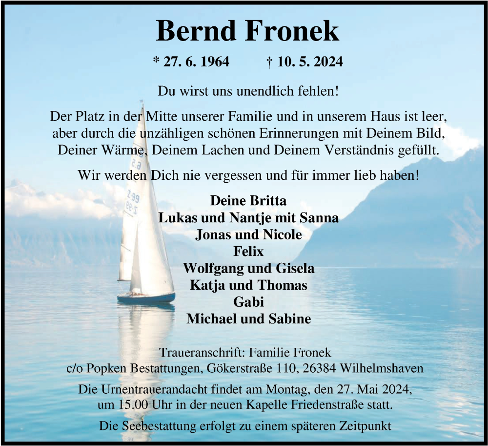  Traueranzeige für Bernd Fronek vom 18.05.2024 aus WZ/JW/AH