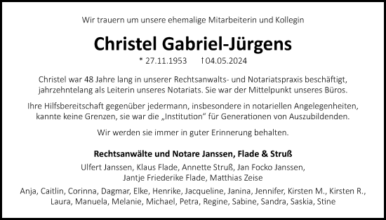 Traueranzeige von Christel Gabriel-Jürgens von Nordwest-Zeitung