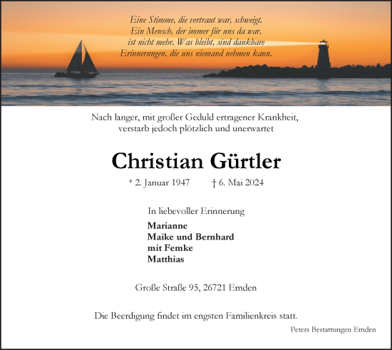 Traueranzeige von Christian Gürtler von Emder Zeitung