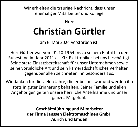 Traueranzeige von Christian Gürtler von Emder Zeitung