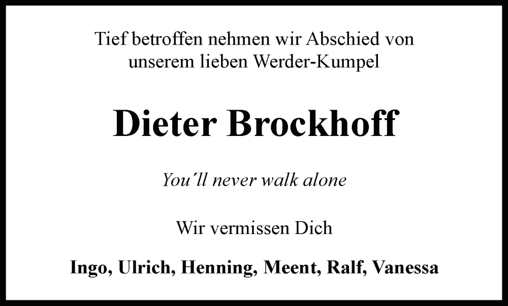  Traueranzeige für Dieter Brockhoff vom 18.05.2024 aus Nordwest-Zeitung