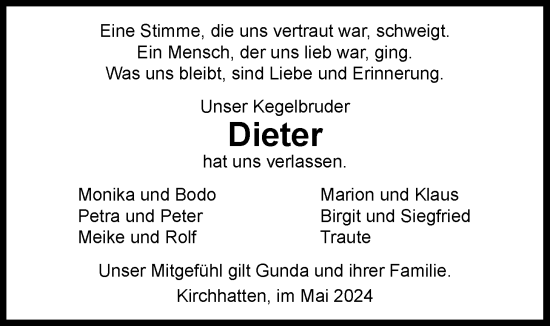 Traueranzeige von Dieter Hahn von Nordwest-Zeitung