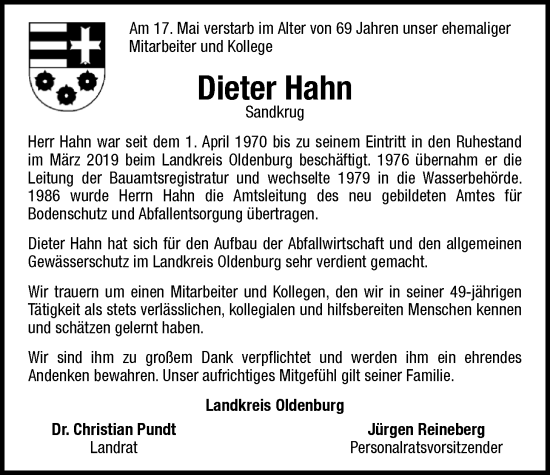 Traueranzeige von Dieter Hahn von Nordwest-Zeitung