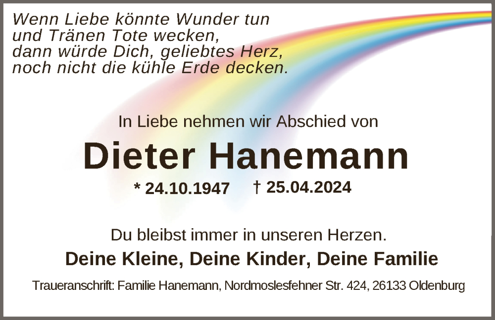  Traueranzeige für Dieter Hanemann vom 04.05.2024 aus Nordwest-Zeitung