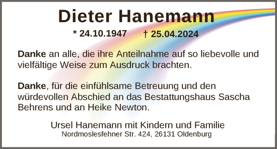 Traueranzeige von Dieter Hanemann von Nordwest-Zeitung