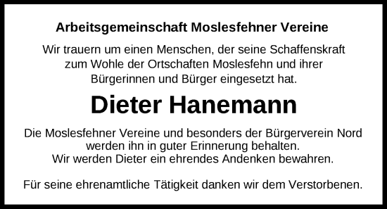 Traueranzeige von Dieter Hanemann von Nordwest-Zeitung
