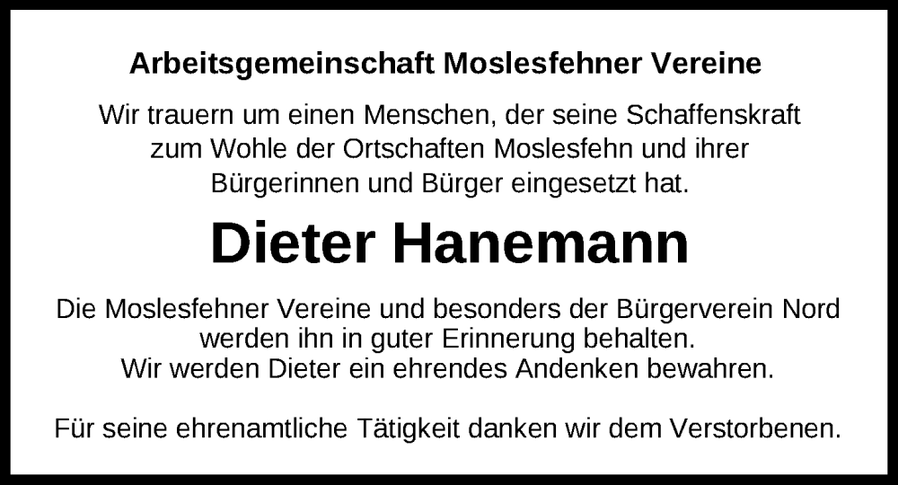  Traueranzeige für Dieter Hanemann vom 04.05.2024 aus Nordwest-Zeitung