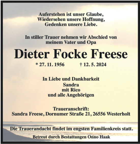 Traueranzeige von Dieter Focke Freese von WZ/JW/AH