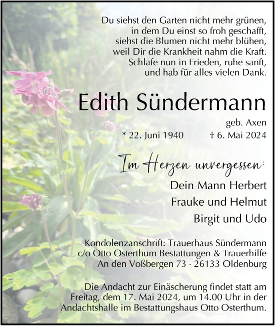 Traueranzeige von Edith Sündermann von Nordwest-Zeitung
