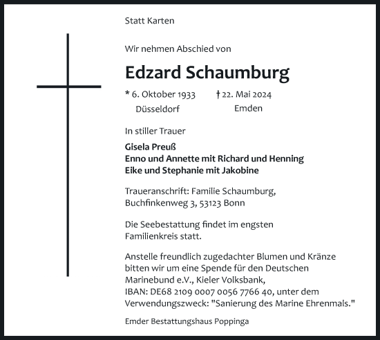 Traueranzeige von Edzard Schaumburg von Emder Zeitung