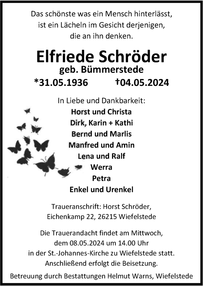  Traueranzeige für Elfriede Schröder vom 07.05.2024 aus Nordwest-Zeitung