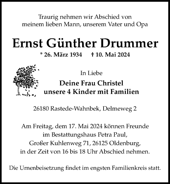 Traueranzeige von Ernst Günther Drummer von Nordwest-Zeitung
