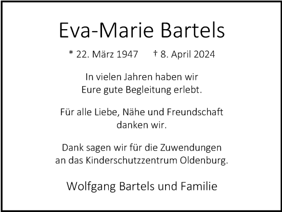 Traueranzeige von Eva-Marie Bartels von Nordwest-Zeitung