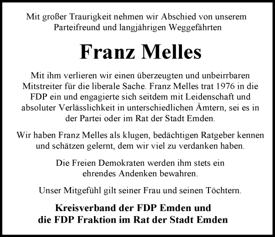 Traueranzeige von Franz Melles von Emder Zeitung