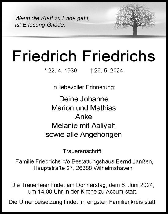 Traueranzeige von Friedrich Friedrichs von WZ/JW/AH
